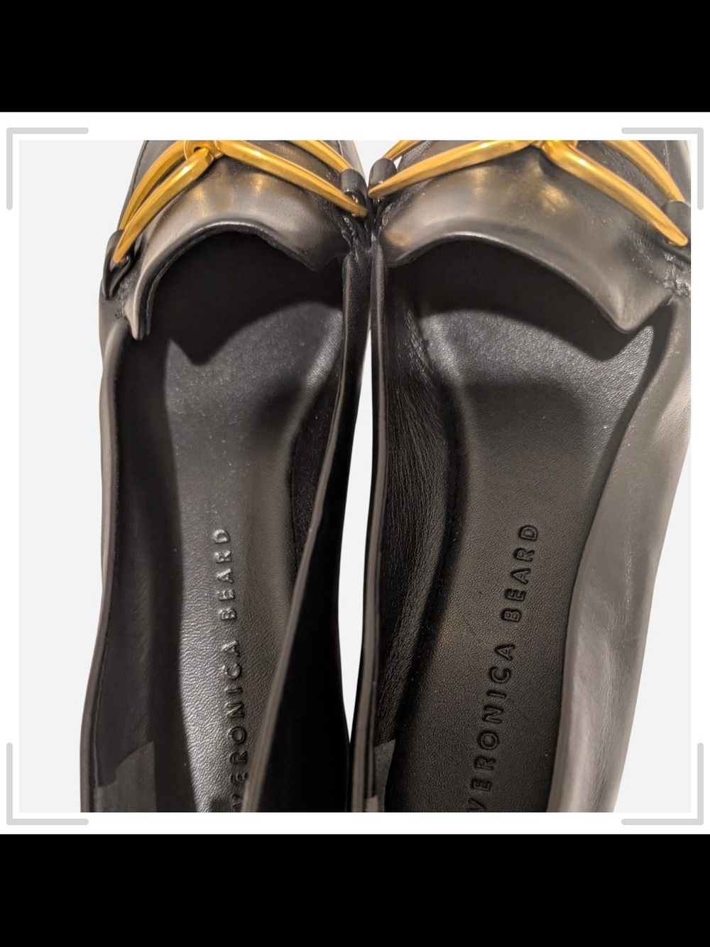Veronica Beard Black Leather Pointed Loafers with Gold Link Detail - Picture 6 of 8